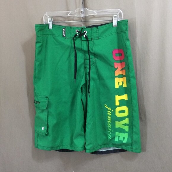 Exist Mens Board Shorts One Love Jamaica Green Lined Velcro & Tie Closure Size L - Picture 1 of 4
